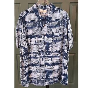 Oak Hill‎ Blue Geometric Print Short Sleeve Button Up Shirt